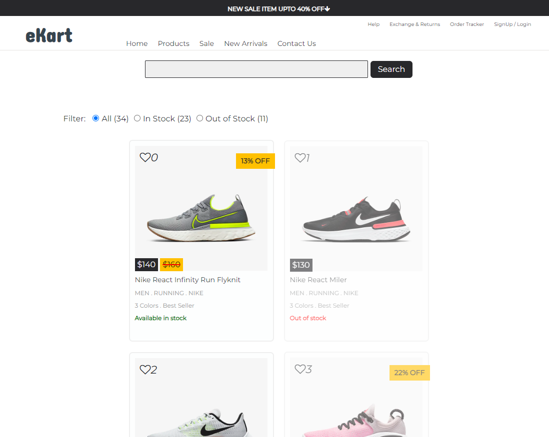 Screenshot of Ekart online store application homepage with product listings