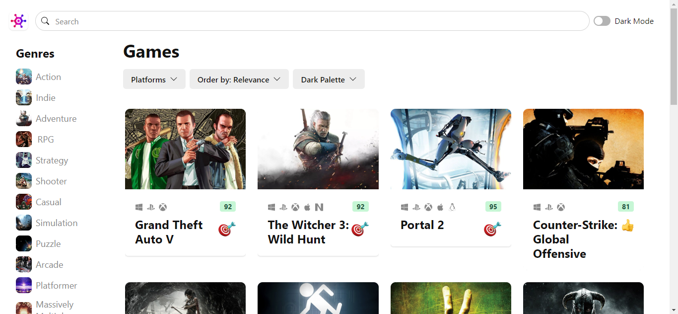 Game Hub browse interface with searchable game listings